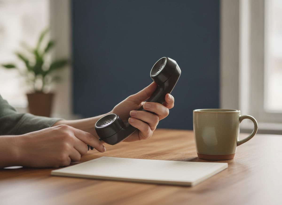 A hand lifting a telephone handset on a desk.