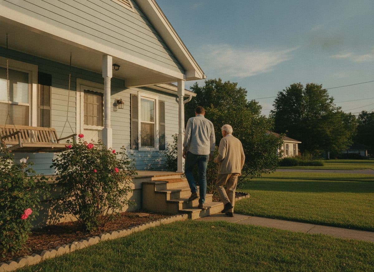 Two people walking up to a welcoming front porch.