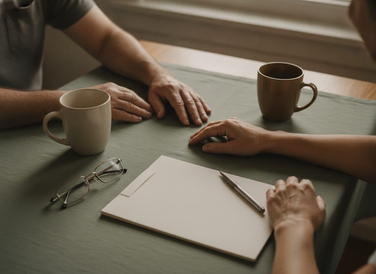 Two people comparing notes over coffee at a kitchen table.